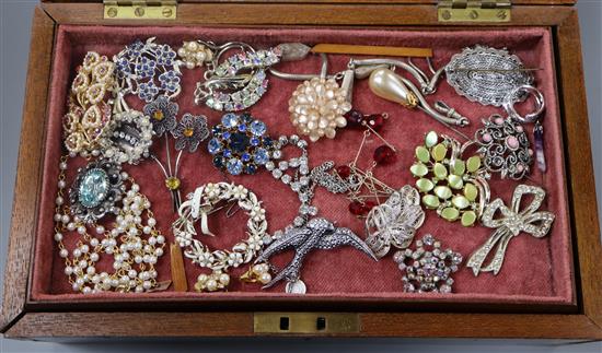 A group of assorted costume jewellery in marquetry inlaid work box.